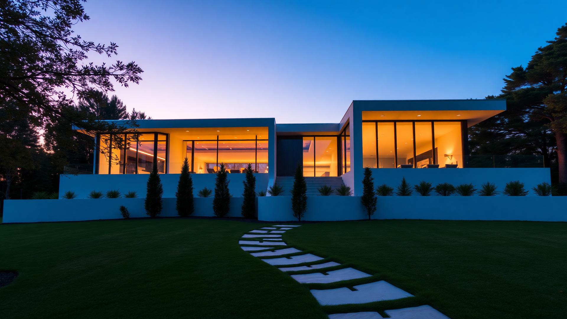 Casa moderna ao anoitecer